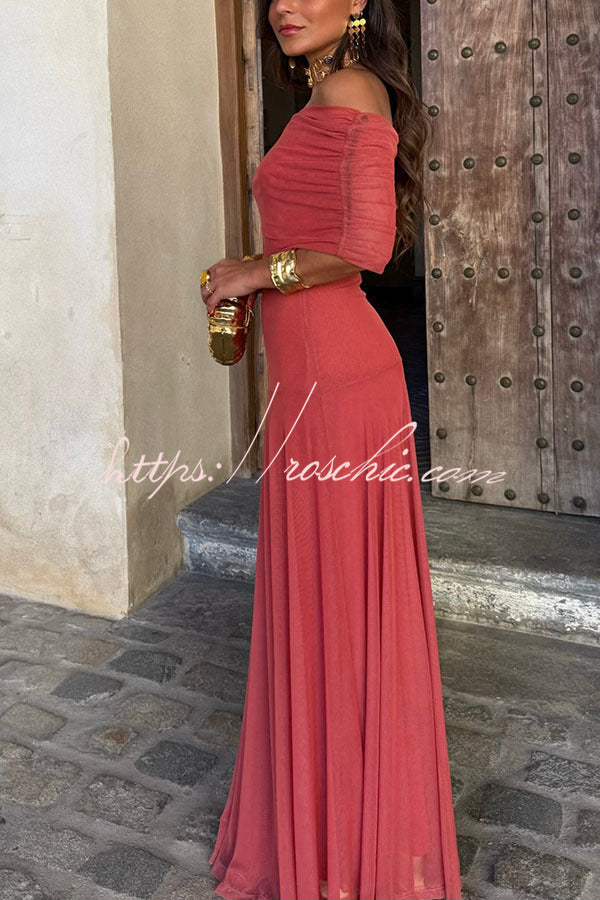 Mesh Ruched Strapless Flare Maxi Dress for Vacation & Party
