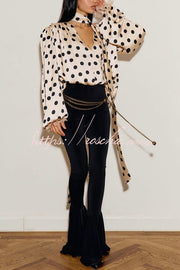 Satin Polka Dot Balloon Sleeve Blouse with Tie-up V-Neck