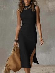 Cotton Linen Midi Dress with Stand Collar & Split Hem