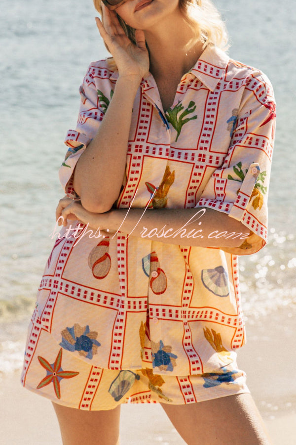 Linen Blend Shell Print Loose Short-Sleeve Shirt & Shorts Set