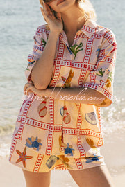 Linen Blend Shell Print Loose Short-Sleeve Shirt & Shorts Set