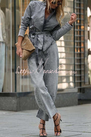 Women's Denim Belted Jacket – Loose Fit Stand Collar