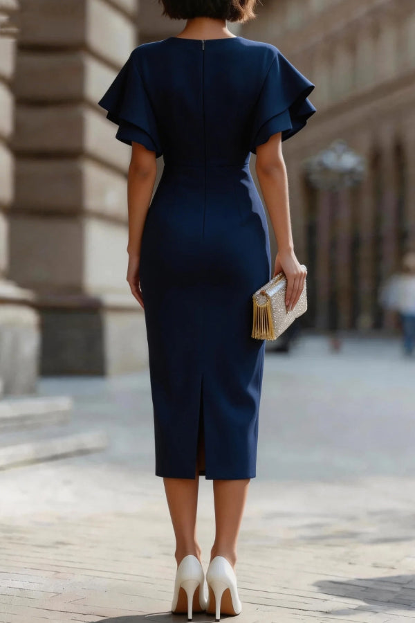 Ruffle Sleeve Midi Dress | Slim-Fit Round Neck Office Dress