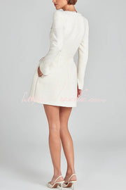 Tweed Pearl Trim Mini Dress with Long Slit Sleeves & Pockets