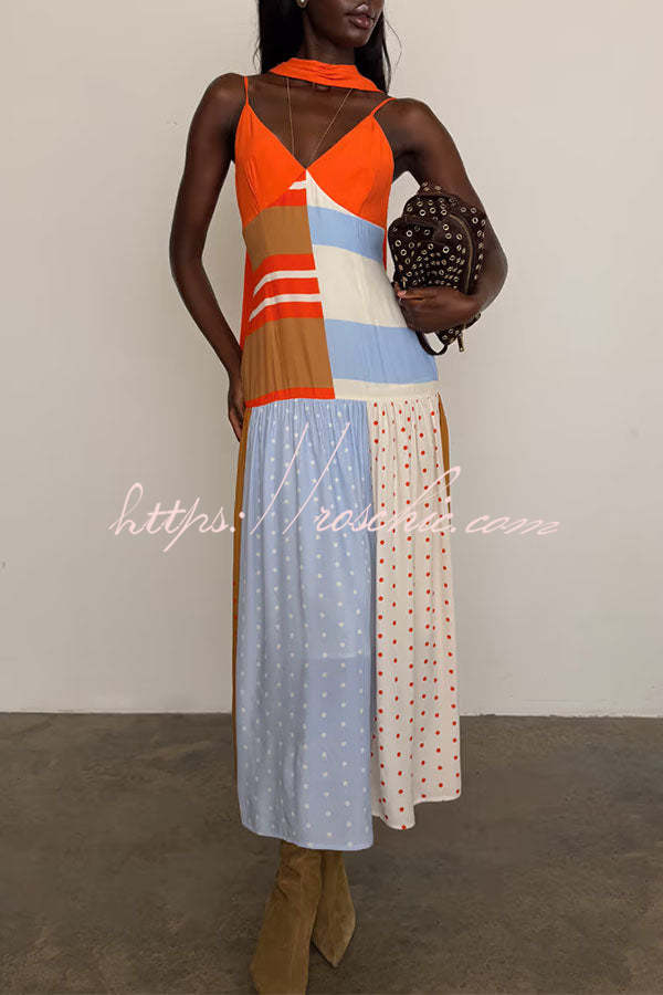 Color-Block Polka Dot Print Pleated Maxi Dress