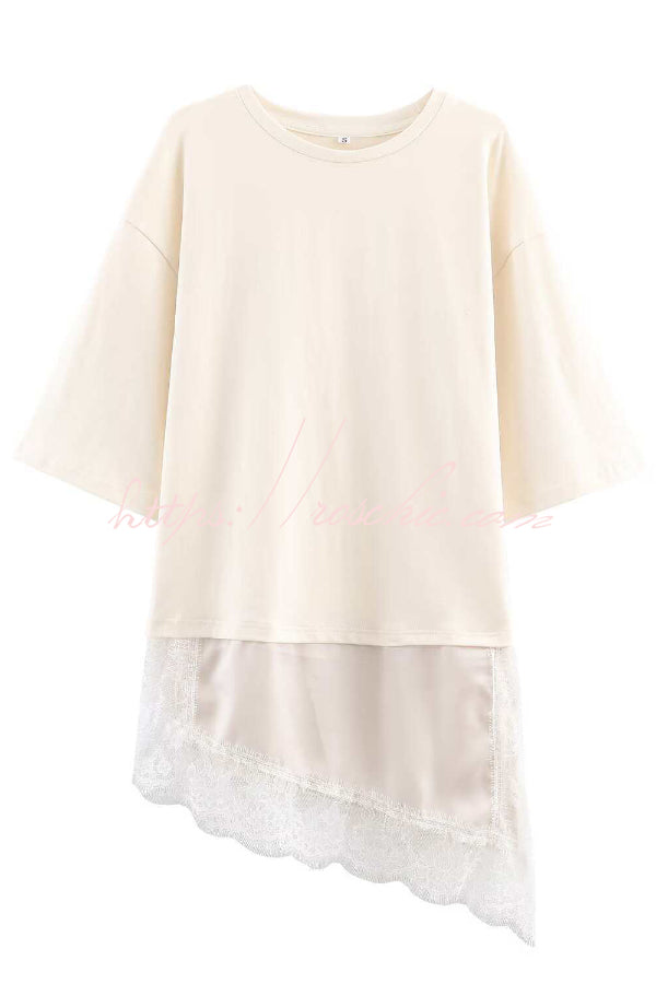Lace Hem Loose Fit Round Neck Short Sleeve T-Shirt