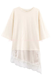 Lace Hem Loose Fit Round Neck Short Sleeve T-Shirt
