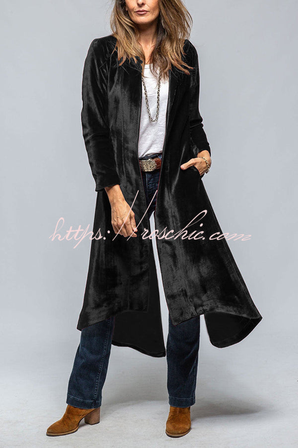 Women's Velvet Long Coat with Pockets and Slit Hem