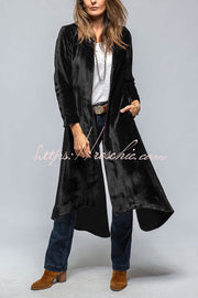 Women's Velvet Long Coat with Pockets and Slit Hem