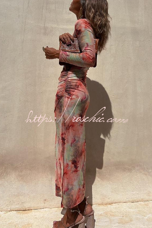 Mesh Overlay Tie Dye Long Sleeve Ruched Midi Dress