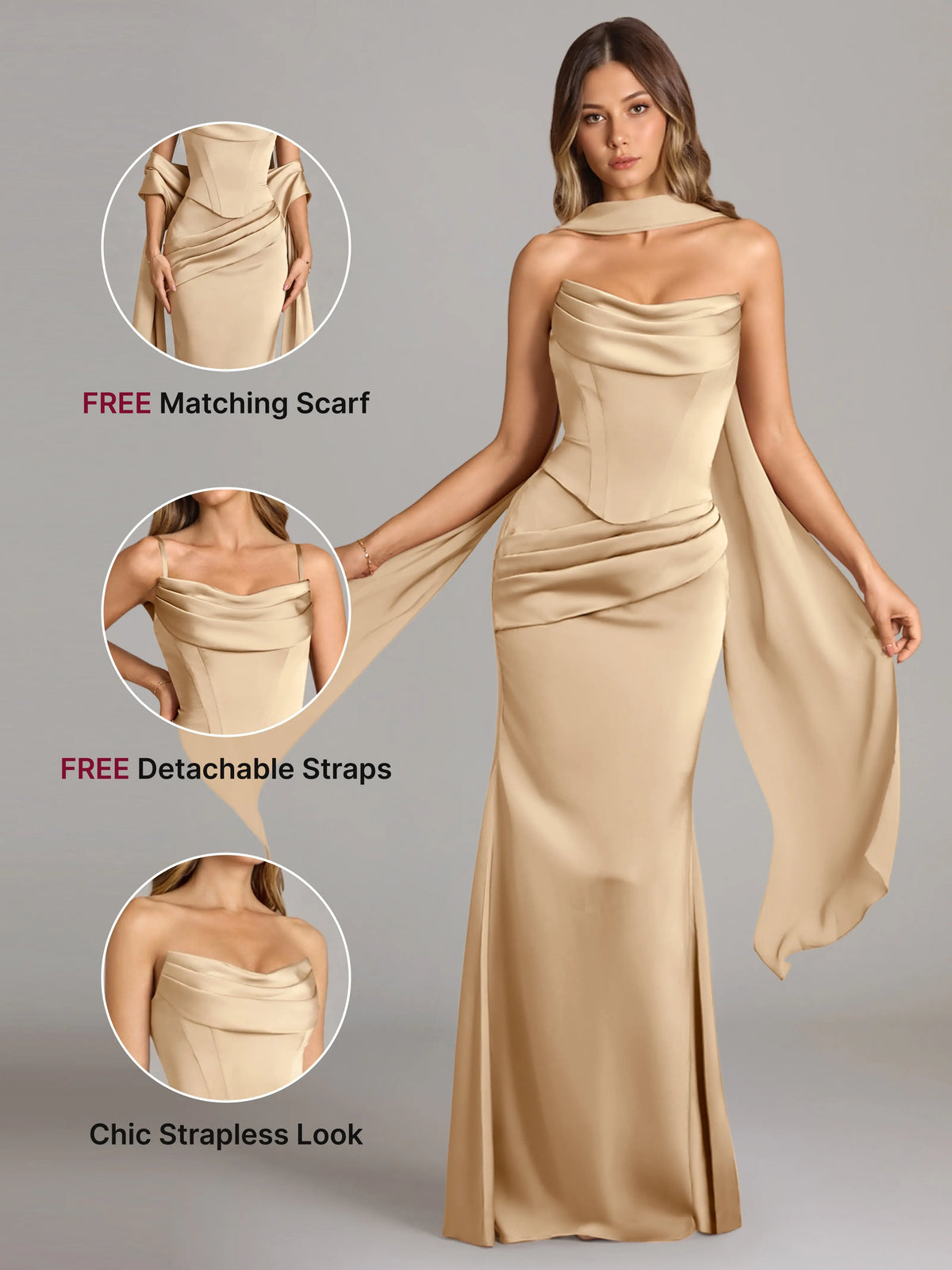 AZAZIE Sorrel Wedding Guest Gown for Women, 2-Piece Luminous Satin Mermaid Dress with Cowl Neck, Lace-up Corset Top & Chiffon Scarf, Gowns