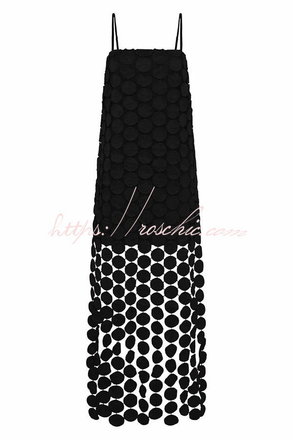 Embroidered Polka Dot Square Neck Tassel Hem Slip Maxi Dress