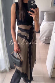 Ribbed Knit Cutout Waist Asymmetric Lace Hem Maxi Dress