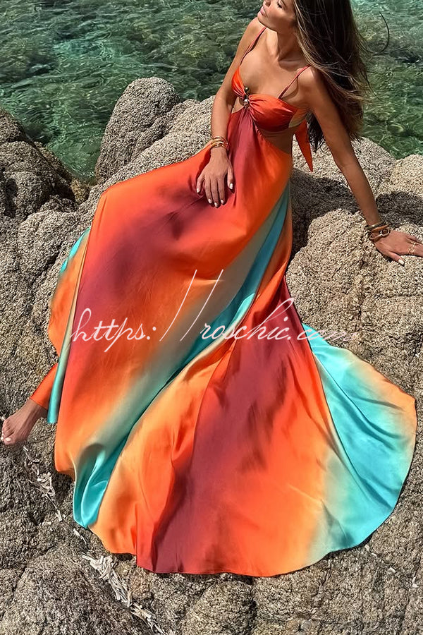 Robe longue à imprimé coucher de soleil néon, découpe dans le dos, nouée