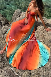 Robe longue à imprimé coucher de soleil néon, découpe dans le dos, nouée