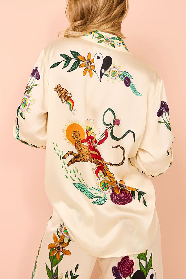 Satin Printed Oversized Button-Down Blouse | Loose Fit