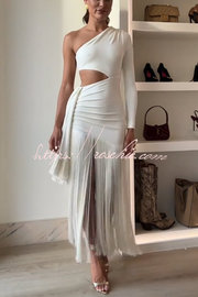 One Shoulder Cutout Maxi Dress with Tassel Trim