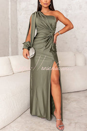 Satin One Shoulder Maxi Dress with Twist Detail & Slit