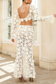 Lace Long Sleeve Backless Top & Fishtail Maxi Skirt Set