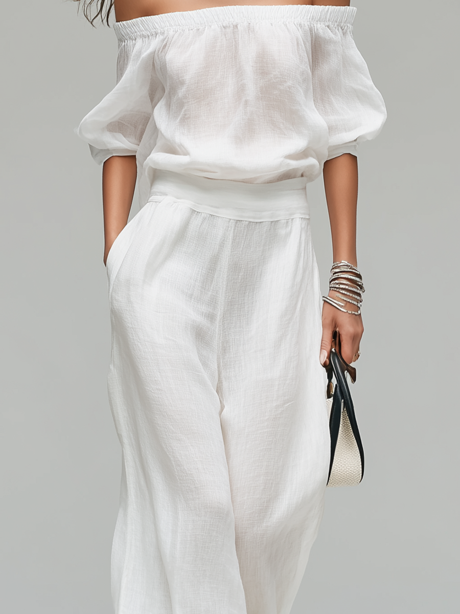 White Linen Blend Off-the-Shoulder Top & Wide-Leg Pants Set