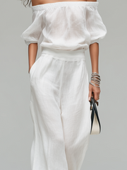 White Linen Blend Off-the-Shoulder Top & Wide-Leg Pants Set
