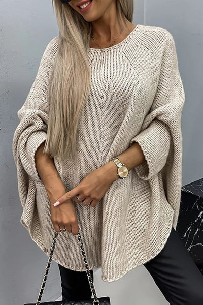 Knit Crew Neck Poncho Sweater – Loose Calf-Length