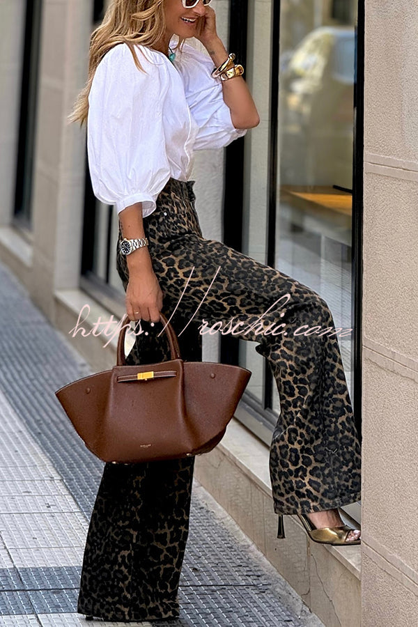 Leopard Print High Rise Wide Leg Jeans with Pockets