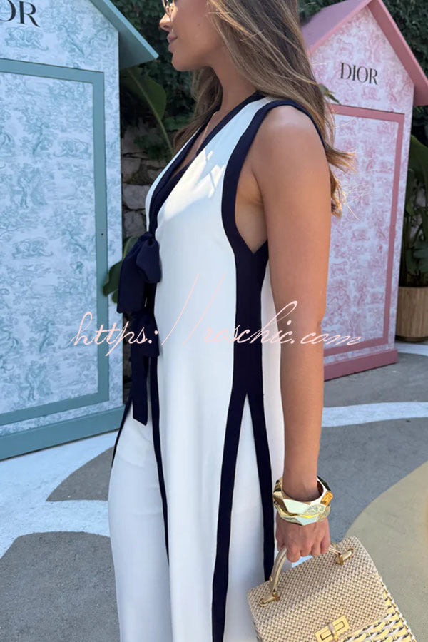 Colorblock Bow Detail Slit Midi Top & Pants Set