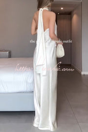 Satin Halter Two-Piece Wide Leg Pants Set