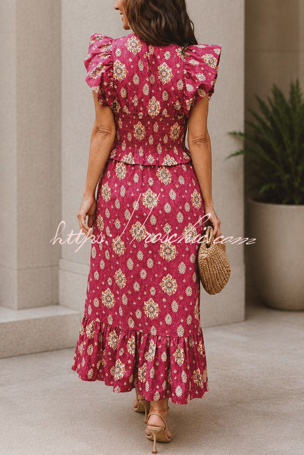 Printed Flutter Sleeve Smocked Top & Maxi Skirt Set