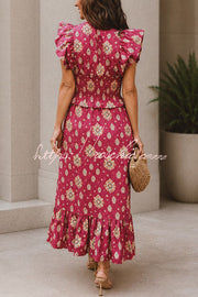 Printed Flutter Sleeve Smocked Top & Maxi Skirt Set