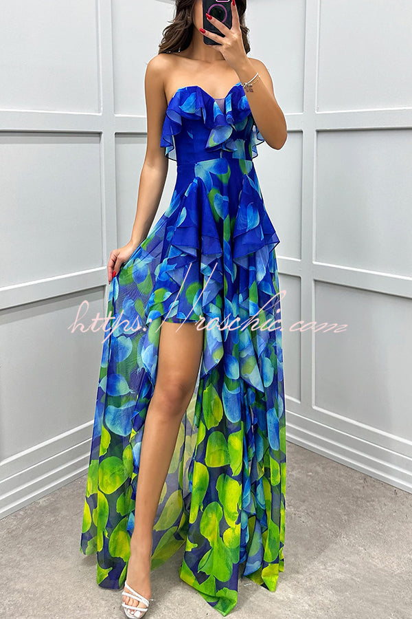 Gradient Print Strapless Maxi Dress with Layered Ruffles