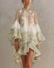 Bell Sleeve Print Ruffle Mini Dress