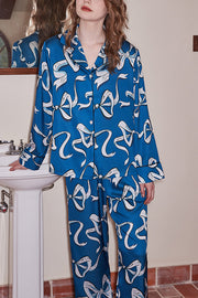 Blue Bow Print Lounge Two-Piece Set Long Sleeve