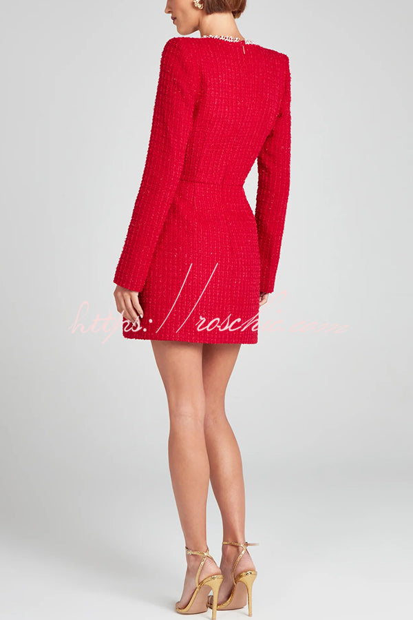 Tweed Pearl Trim Mini Dress with Long Slit Sleeves & Pockets