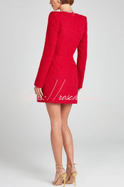 Tweed Pearl Trim Mini Dress with Long Slit Sleeves & Pockets