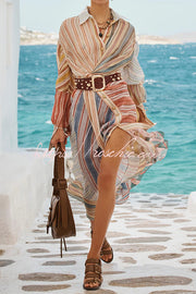 Rainbow Patchwork Striped Linen Blend Midi Dress