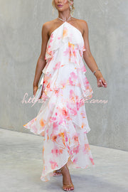 Chiffon Floral Print Halter Maxi Dress with Tiered Ruffles