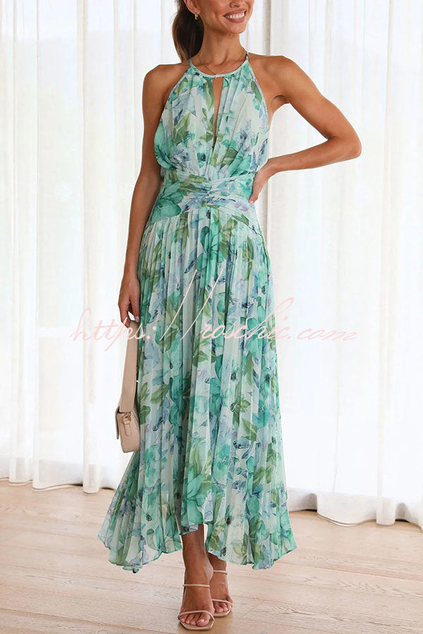 Floral Cutout Neck Pleated Midi Dress – Loose Fit