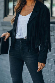 Cropped Faux Suede Jacket with Fringe Detail