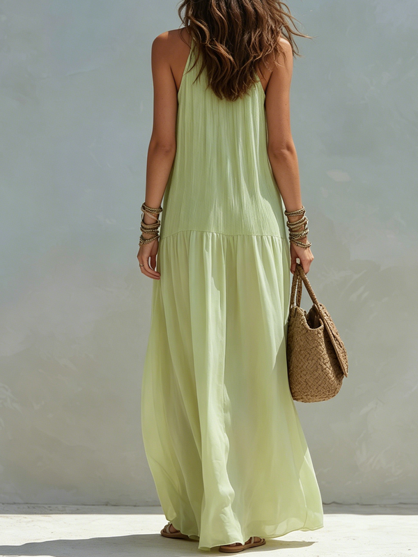 Robe longue Boho vert pistache avec jupe à plusieurs niveaux