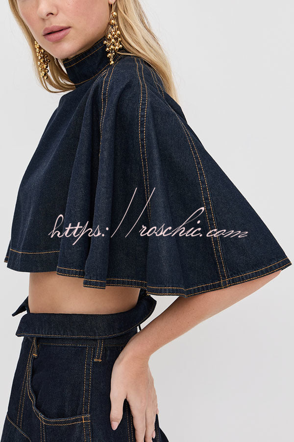 Denim Mock Neck Flutter Sleeve Crop Top | Vacation Style