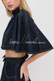 Denim Mock Neck Flutter Sleeve Crop Top | Vacation Style