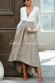 Linen Blend High Low Maxi Skirt with Pockets