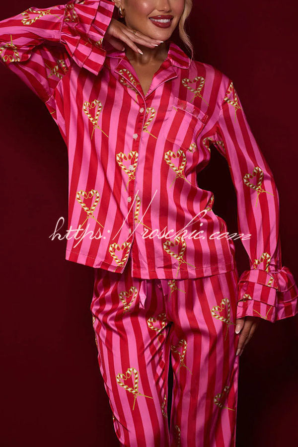 Candy Stripe Tiered Bell Cuff Pajama Set with Pockets