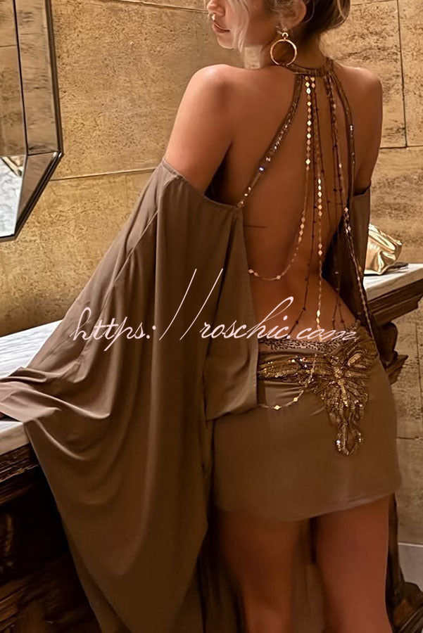 Butterfly Embroidered Sequin Chain Backless Mini Dress