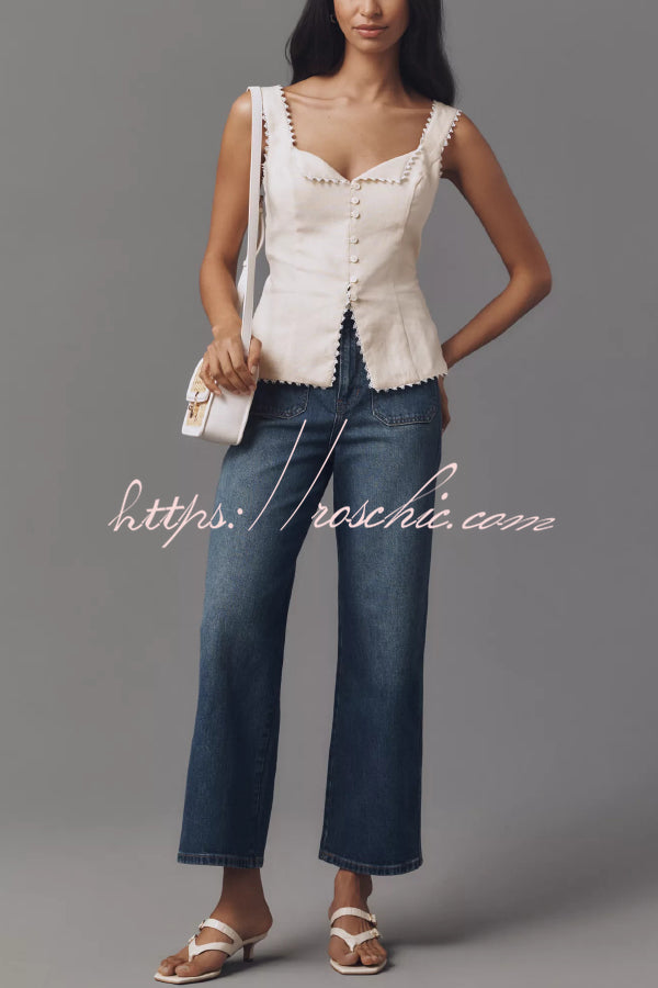 Gilet sans manches à col en V et bordure en dentelle | Coupe slim en mélange de lin