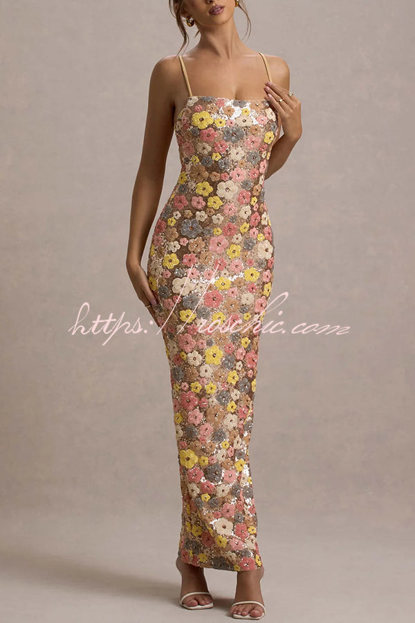 Floral Sequin Maxi Dress – 80s Square Neck Slip Style