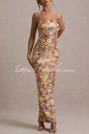 Floral Sequin Maxi Dress – 80s Square Neck Slip Style