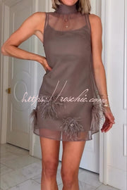 Sheer Chiffon Feather Mini Dress with Back Bow Detail